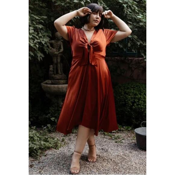 Baltic Born Poppy Satin Midi Dress Tie Front Cutout Flutter Sleeve Rust Orange - Picture 1 of 12